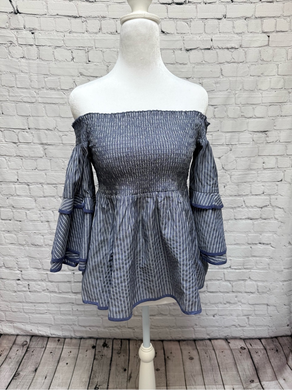 American Eagle Outfitters Off-Shoulder Navy & White Stripe Smocked Top